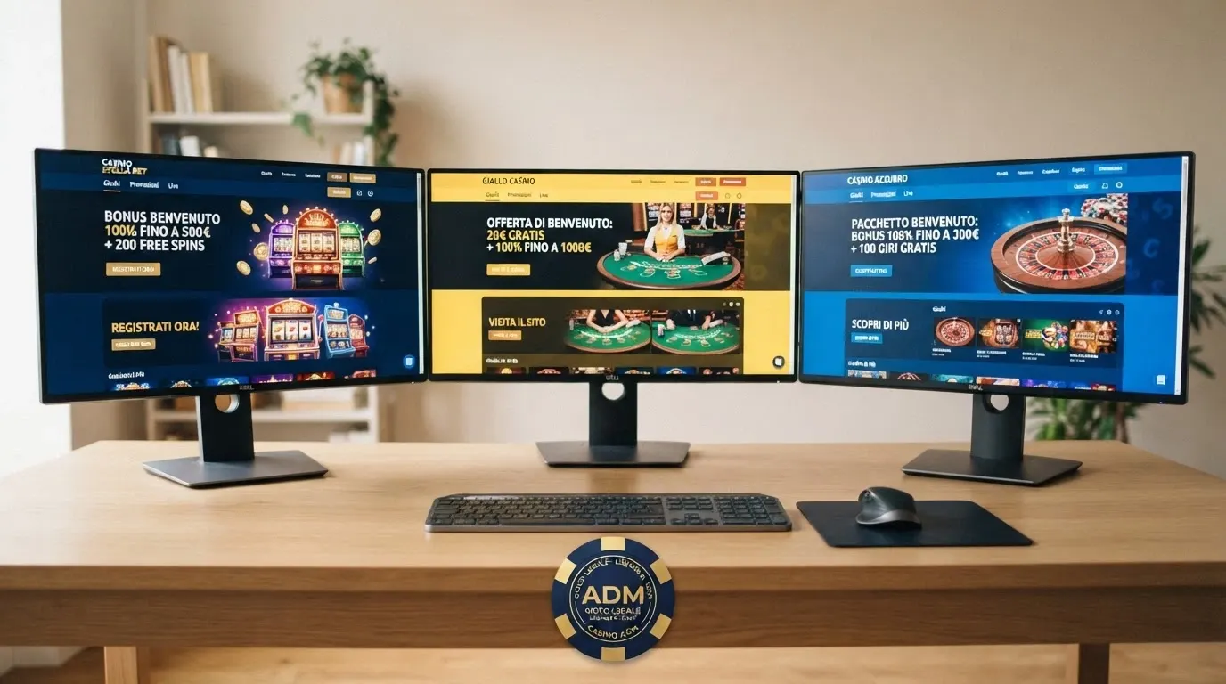 Vista comparativa di tre casinò online autorizzati ADM aperti su desktop con le rispettive sezioni bonus di benvenuto in evidenza