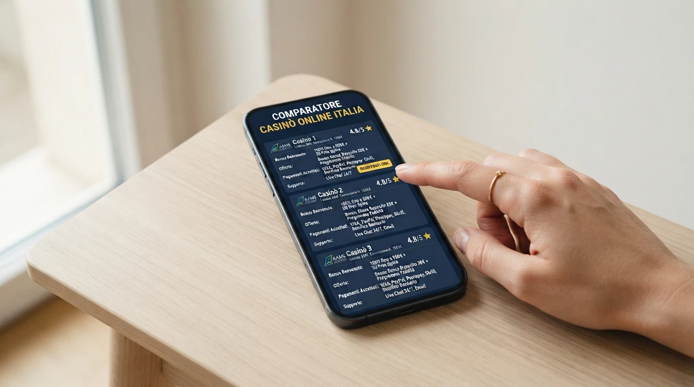 Una schermata di confronto tra casinò online con badge delle licenze, icone bonus e metodi di pagamento in evidenza