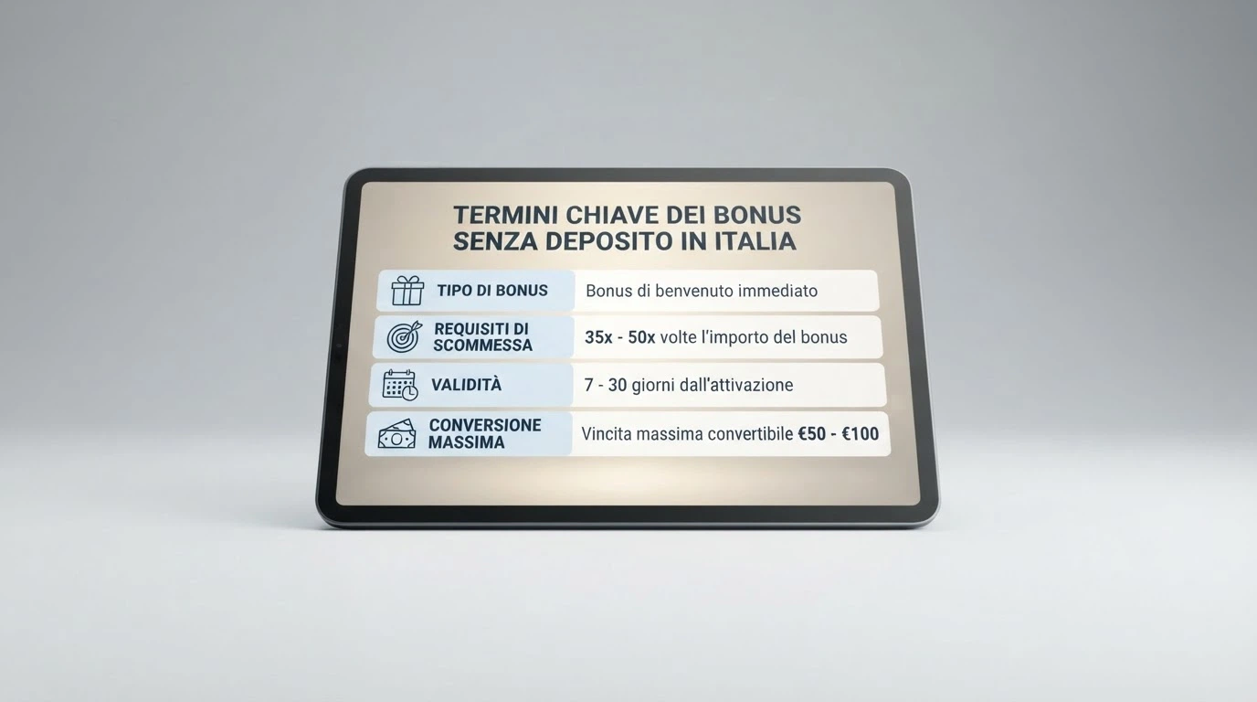 Tabella comparativa stilizzata con i nomi e le offerte senza deposito dei principali casinò con concessione ADM attiva nel 2026