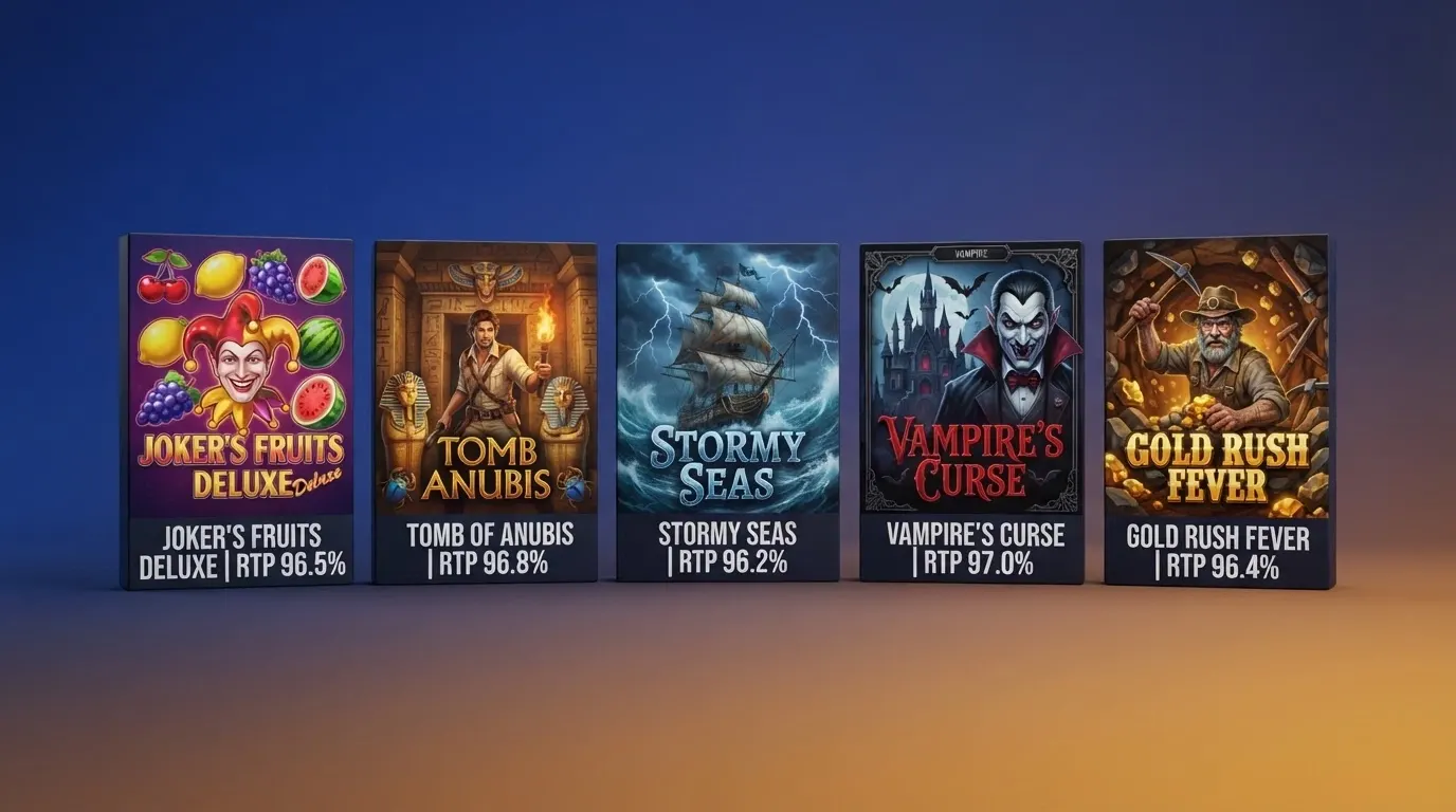 Le copertine di cinque slot machine online con accanto le percentuali RTP e i nomi dei provider
