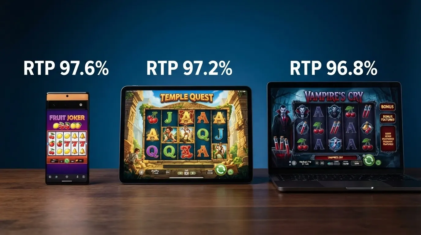 Una selezione di schermate di slot machine online — Mega Joker, Book of 99, Blood Suckers — disposte in ordine decrescente di RTP con le rispettive percentuali in evidenza