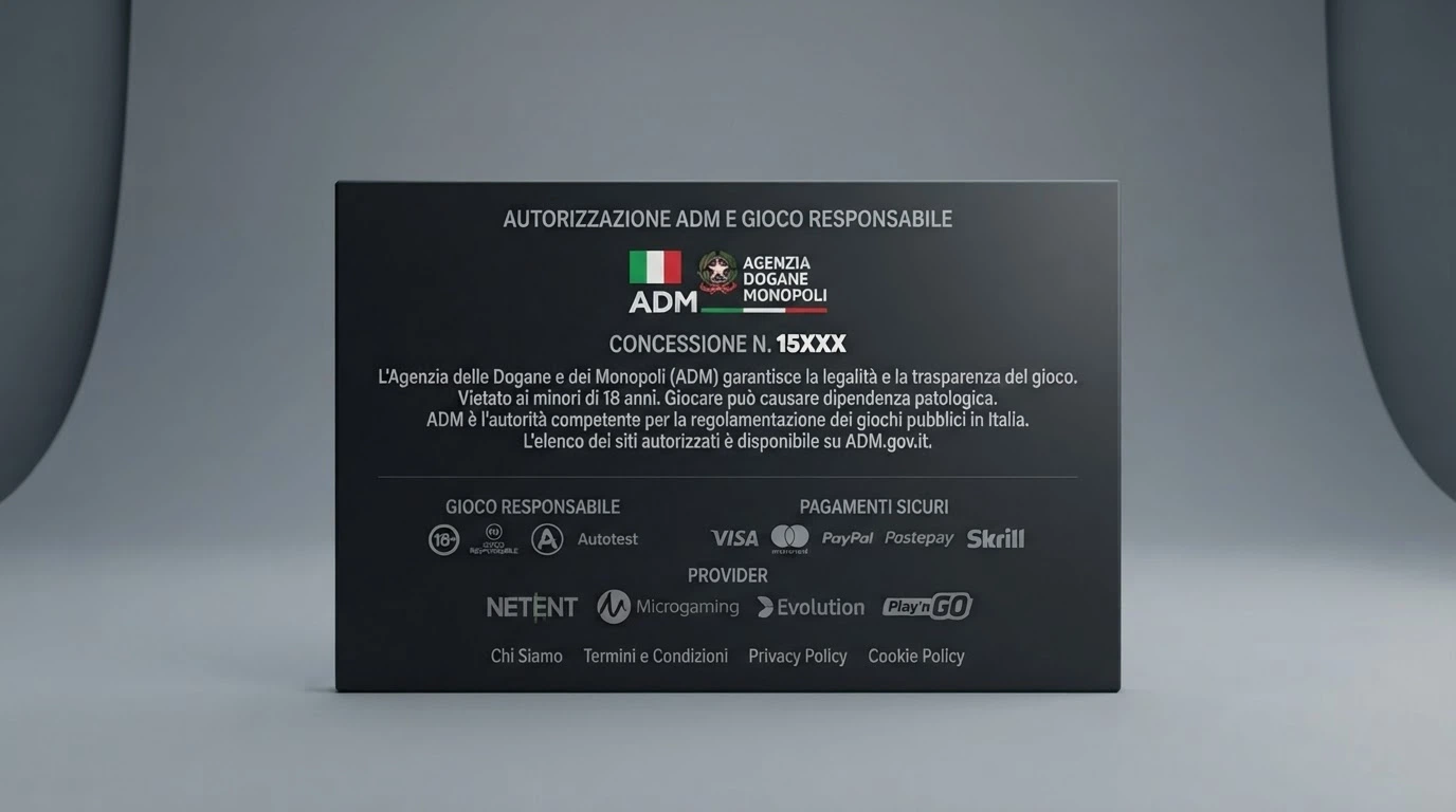 Primo piano del footer di un sito di casinò autorizzato con il codice GAD a 5 cifre e il logo ADM evidenziati