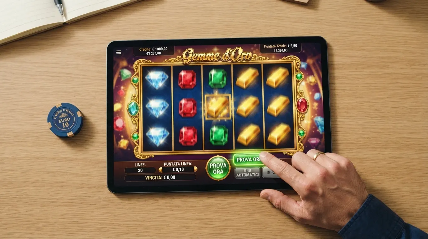 L'interfaccia di una slot machine online in modalità demo con il pulsante di attivazione e il contatore dei crediti virtuali