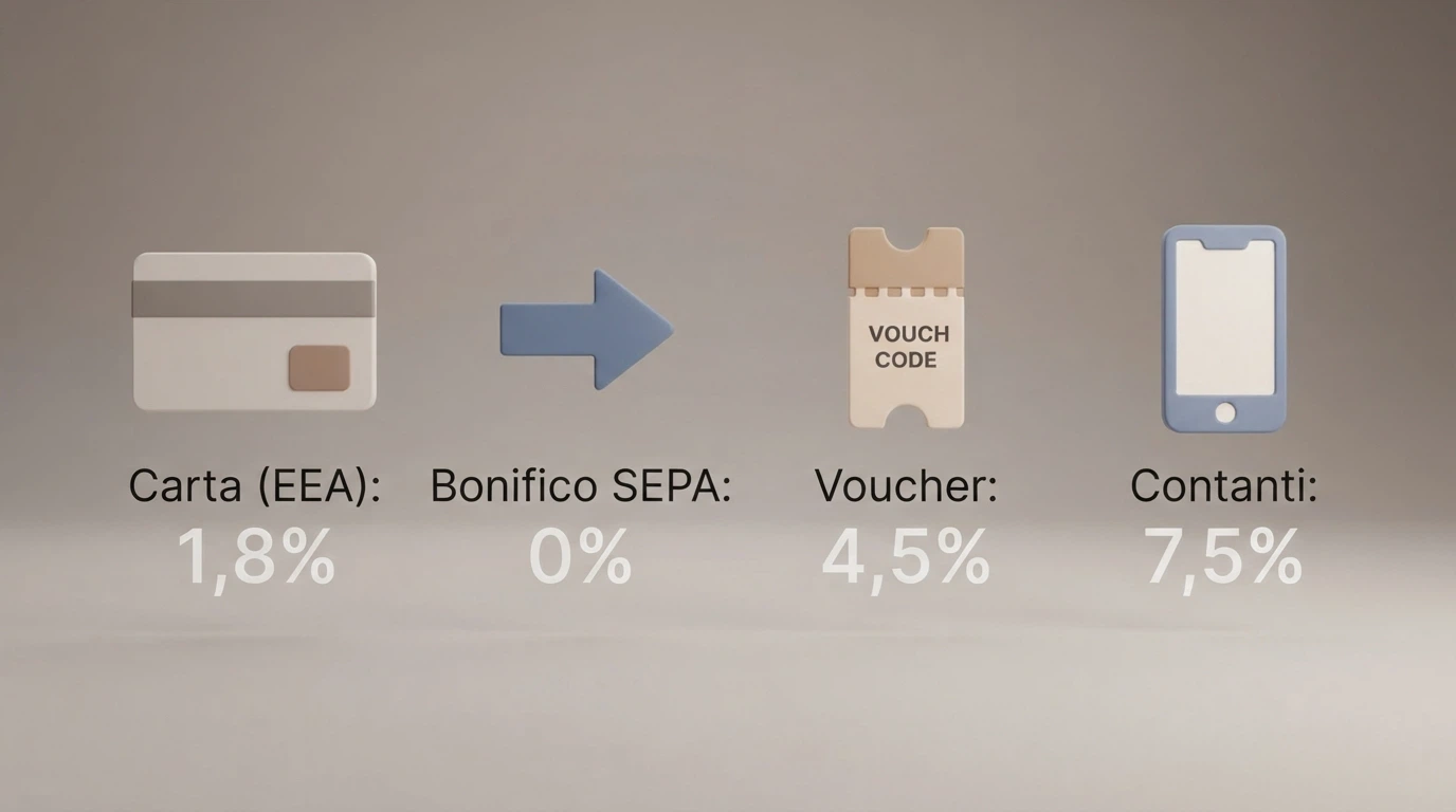 Un confronto visivo tra i metodi di ricarica del wallet MiFinity — carta di credito, bonifico SEPA, eVoucher e Apple Pay — con le percentuali di commissione accanto a ciascuna icona