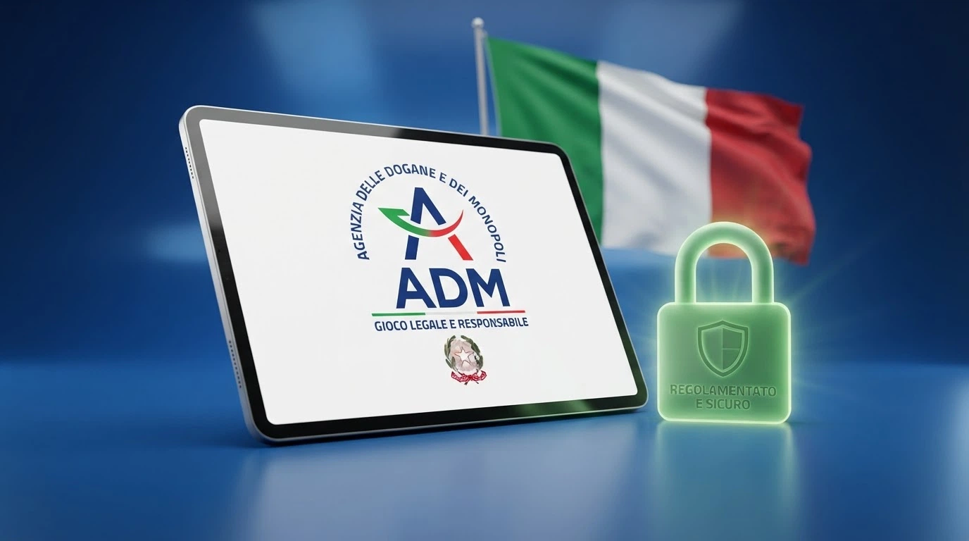 Il logo dell'Agenzia delle Dogane e dei Monopoli su uno schermo, affiancato dal lucchetto verde dell'URL e dalla bandiera italiana