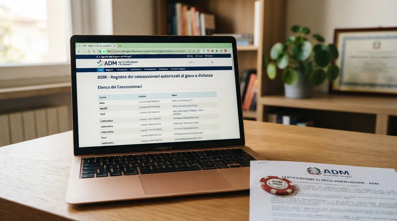 Il logo ufficiale dell'Agenzia delle Dogane e dei Monopoli accanto alla schermata del registro concessionari sul sito adm.gov.it, con un lucchetto verde a indicare la connessione protetta al portale istituzionale
