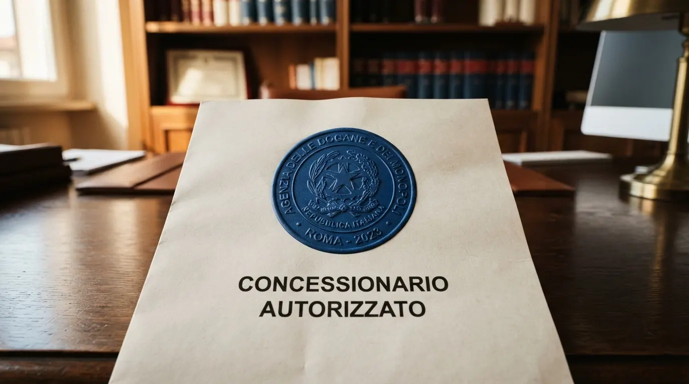 Primo piano del sigillo dell'Agenzia delle Dogane e dei Monopoli accanto alla dicitura «concessionario autorizzato»