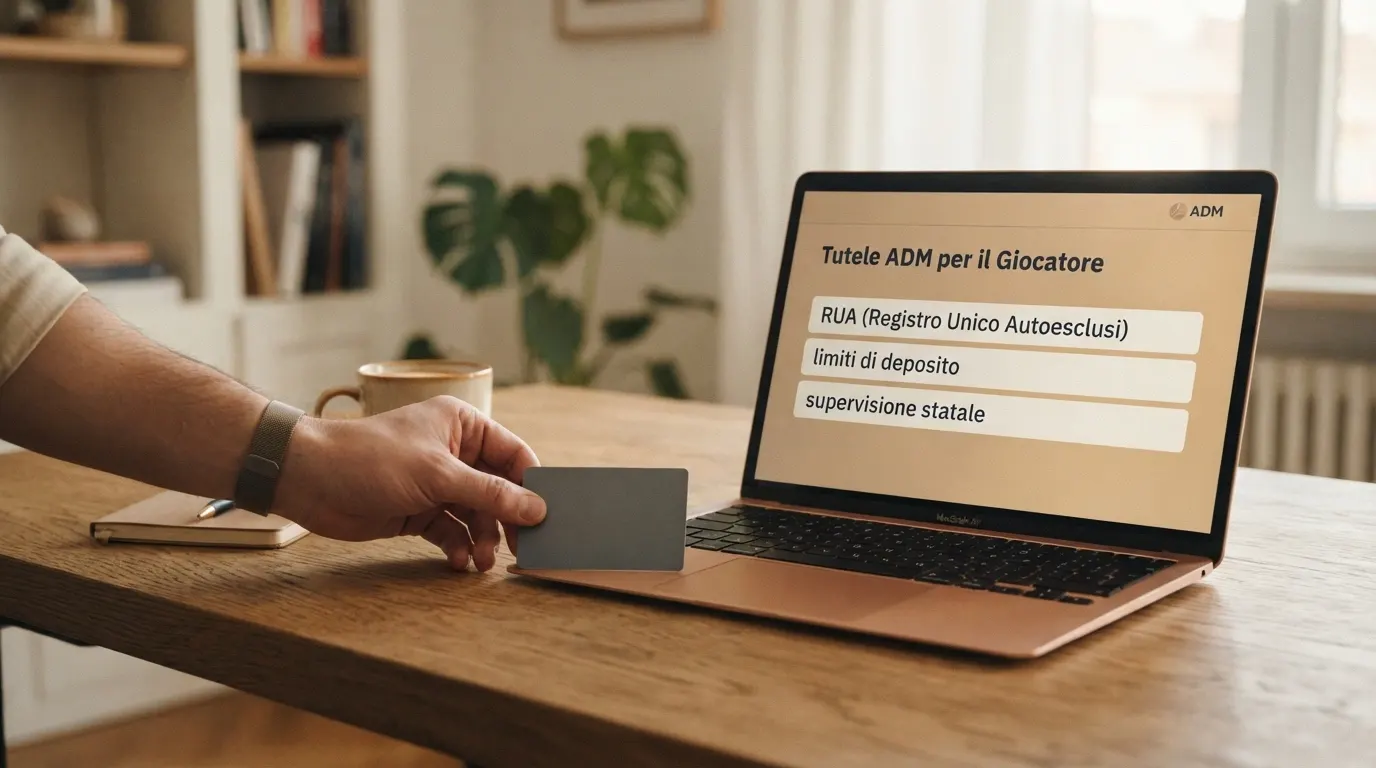 Il logo ufficiale ADM accanto a un elenco delle tutele che la concessione garantisce: RUA, limiti di deposito, supervisione, foro legale italiano