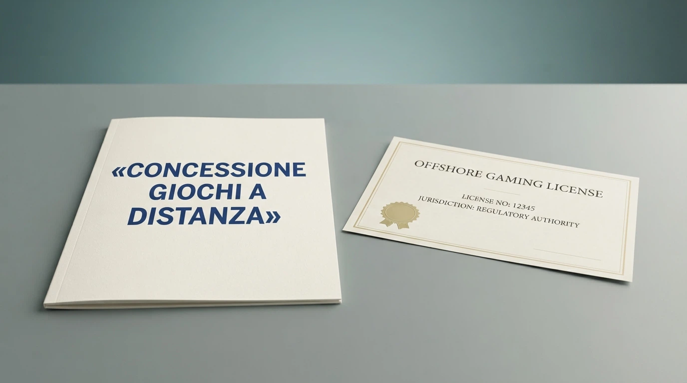 Un documento ufficiale con il logo ADM e il timbro «Concessione Giochi a Distanza» affiancato a un certificato di licenza estera generico — il contrasto visivo tra regolamentazione italiana e offshore.