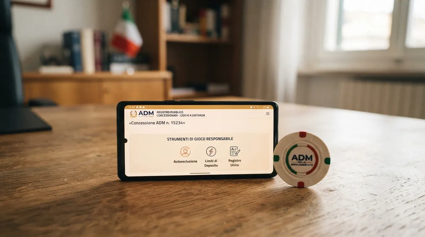 Il logo ufficiale dell'Agenzia delle Dogane e dei Monopoli accanto alla dicitura «Concessionario ADM» e alle icone delle tutele obbligatorie per il giocatore