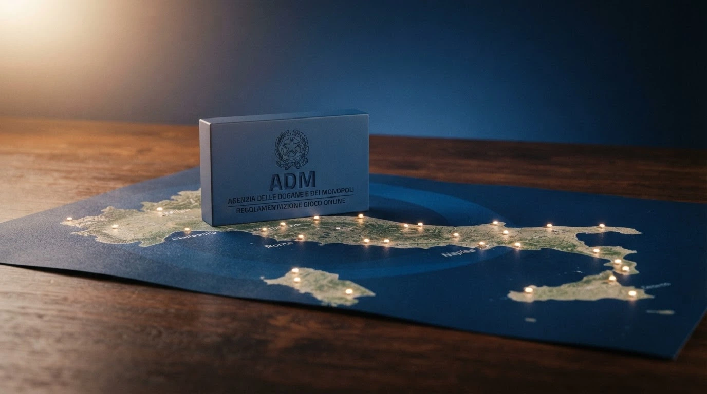 Il logo ufficiale ADM accanto a una mappa stilizzata dell'Italia con le 52 concessioni rappresentate come punti luminosi