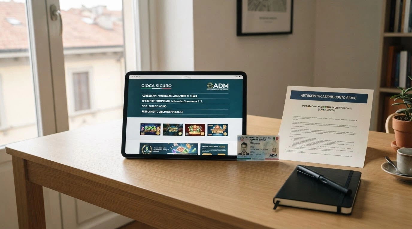 Una scrivania con un tablet aperto sulla pagina di un casinò online legale italiano, affiancato da un documento con il logo ADM e una carta d'identità italiana
