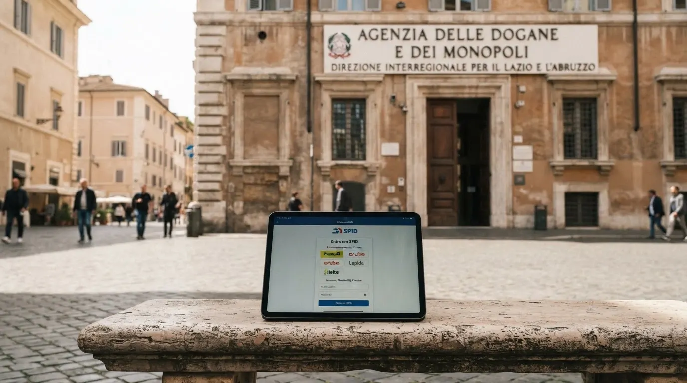 Il fronte di un palazzo istituzionale italiano con l'insegna dell'Agenzia delle Dogane e dei Monopoli, affiancato dallo schermo di un dispositivo che mostra l'interfaccia di login SPID