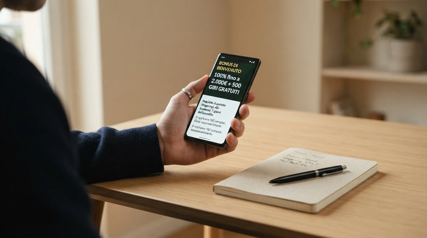 Un riquadro con i termini e le condizioni di un bonus di benvenuto di un casinò ADM, con wagering e scadenza in evidenza