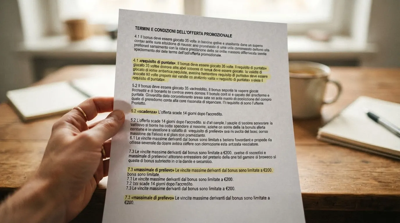 Un primo piano di un foglio di termini e condizioni con tre clausole evidenziate in giallo: requisito di puntata, scadenza e massimale