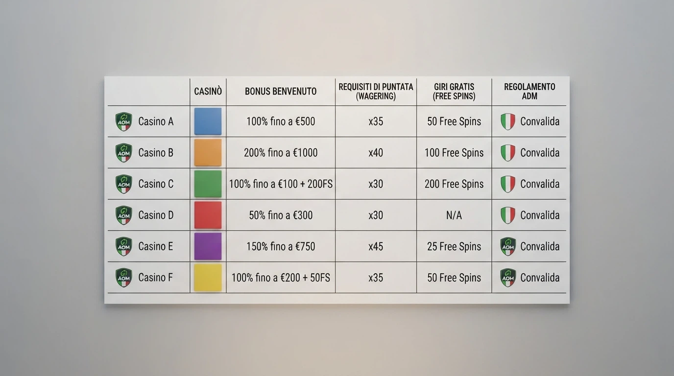 Una vista dall'alto di una tabella comparativa con loghi di operatori, percentuali di match e icone di licenza