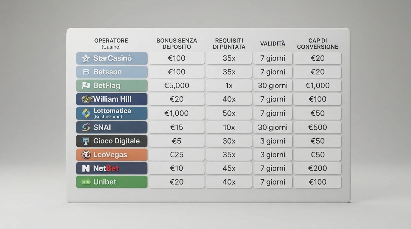 Una griglia comparativa dei bonus senza deposito di diversi casinò ADM con importi, moltiplicatori e simboli delle slot inclusi