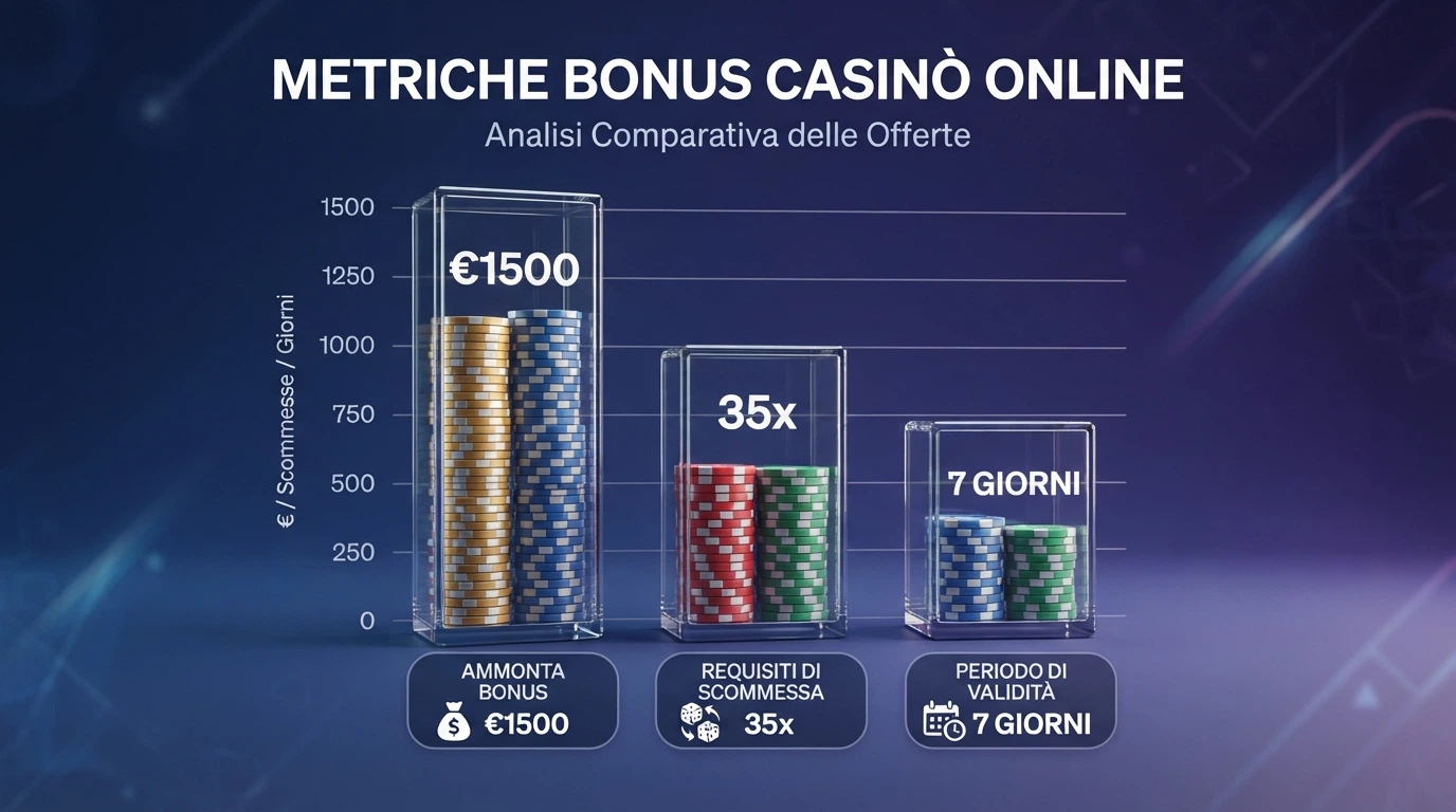 Schermata con elementi grafici di confronto tra bonus di benvenuto, icone di licenze e simboli di metodi di pagamento di diversi casinò internazionali
