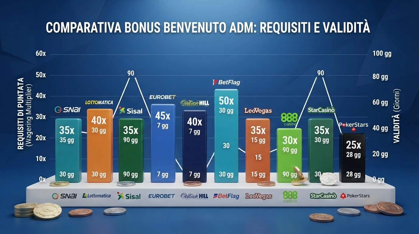Una tabella comparativa stilizzata con le condizioni dei bonus di benvenuto — percentuale, wagering, validità — sovrapposta a chip da casinò e al logo MyBank