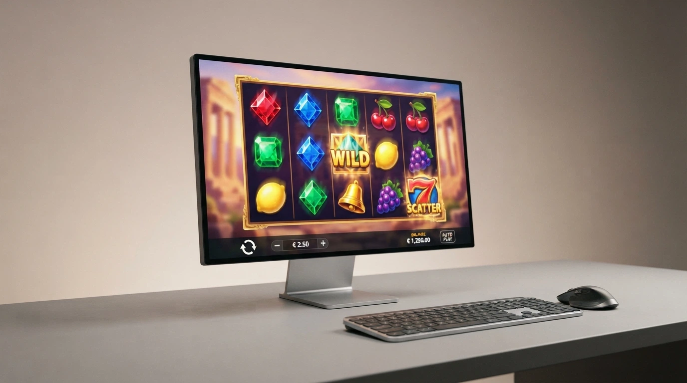 Il dettaglio di una slot machine online in esecuzione su desktop con l'interfaccia di un casinò ADM e i rulli in movimento
