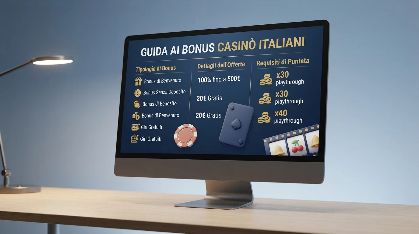 Una tabella comparativa stilizzata con loghi, importi dei bonus e moltiplicatori di wagering disposta su uno schermo desktop