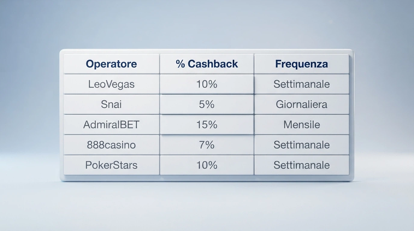 Tabella comparativa con loghi e percentuali di cashback dei principali casinò italiani con concessione ADM