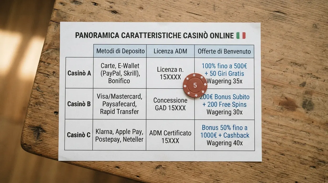 Una griglia comparativa stilizzata con loghi dei casinò ADM e affianco le icone del bonifico bancario, della licenza e del bonus di benvenuto