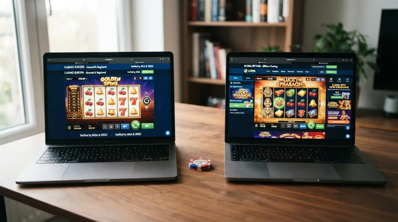 Schede comparative di casinò con loghi, licenze e bonus affiancati su uno sfondo pulito