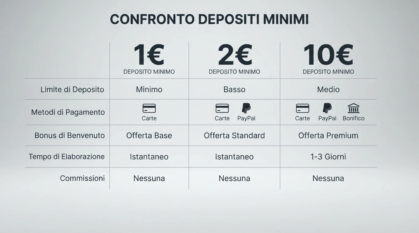 Una tabella comparativa stilizzata con loghi dei casinò ADM in colonna e accanto le cifre del deposito minimo: 1€, 2€, 5€, 10€ — il gradino visivo tra gli operatori.