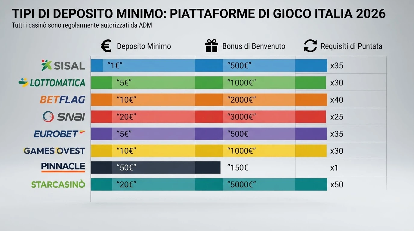 Una tabella comparativa stilizzata con i nomi dei casinò in colonna e le icone di licenza ADM, deposito, bonus e wagering nelle righe di intestazione