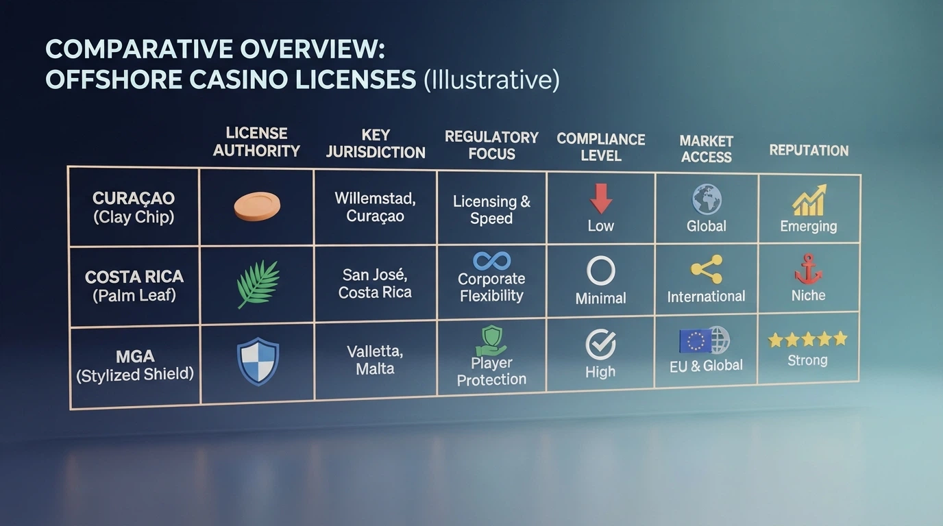 Una tabella comparativa stilizzata con loghi di casinò crypto e le rispettive licenze offshore (Curaçao, Costa Rica, MGA)