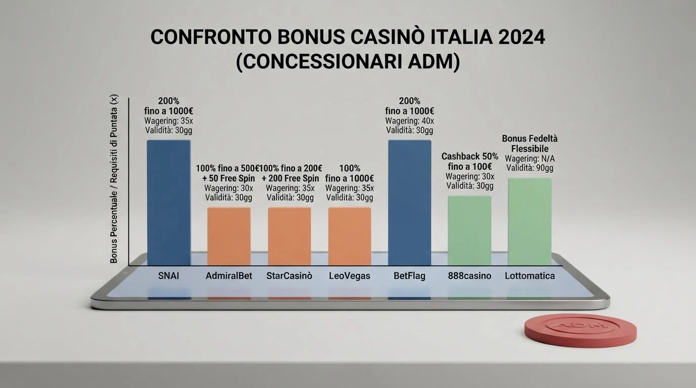 Una tabella comparativa con i nomi dei casinò, le percentuali di bonus, i requisiti di puntata e le validità in giorni