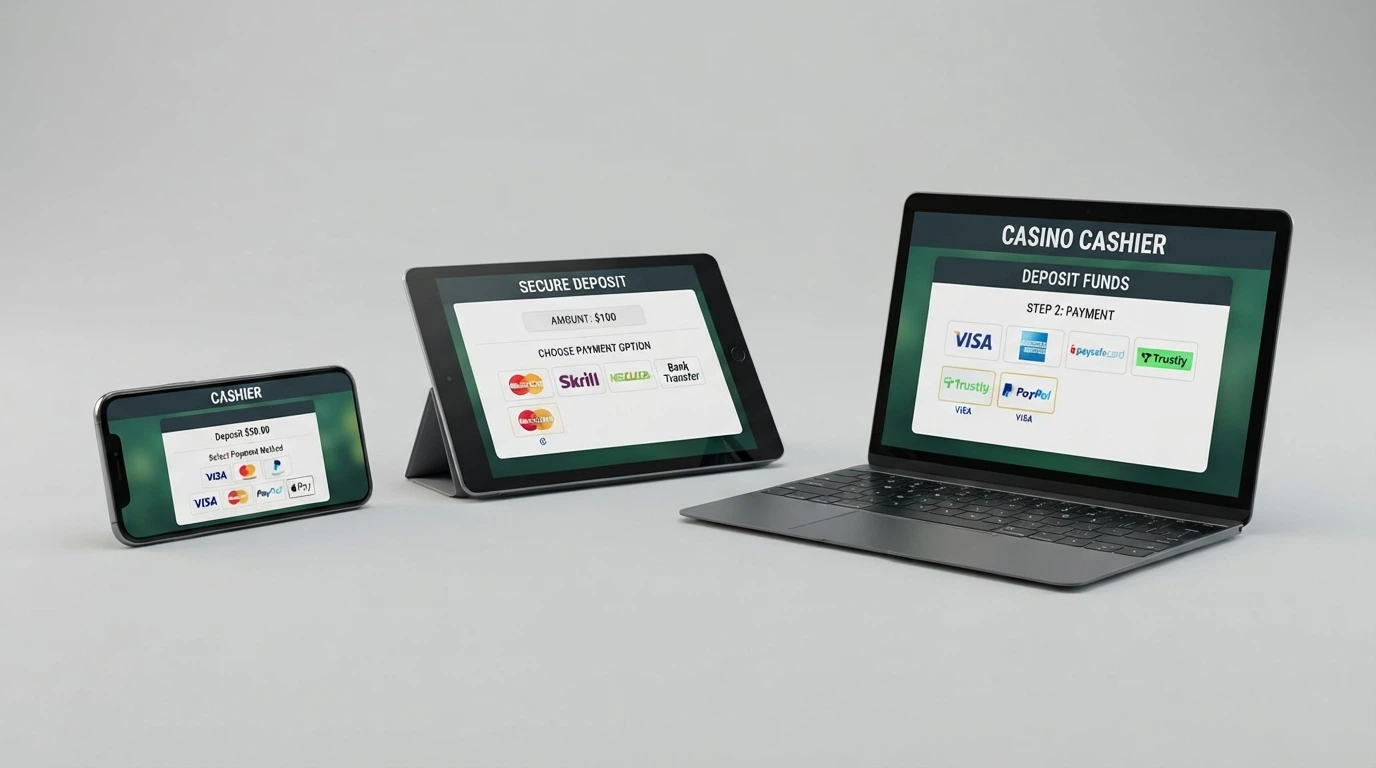 Schermata comparativa di tre casinò online aperti su diversi dispositivi, con l'icona di Google Pay visibile nel cassiere di ciascuno