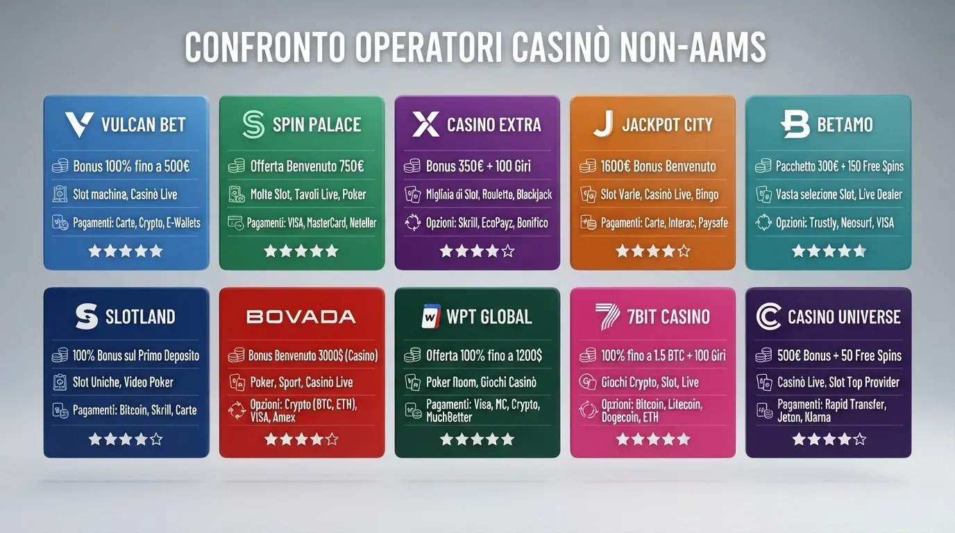 Schema visivo con loghi e dati essenziali degli operatori non AAMS recensiti, disposti in una griglia comparativa