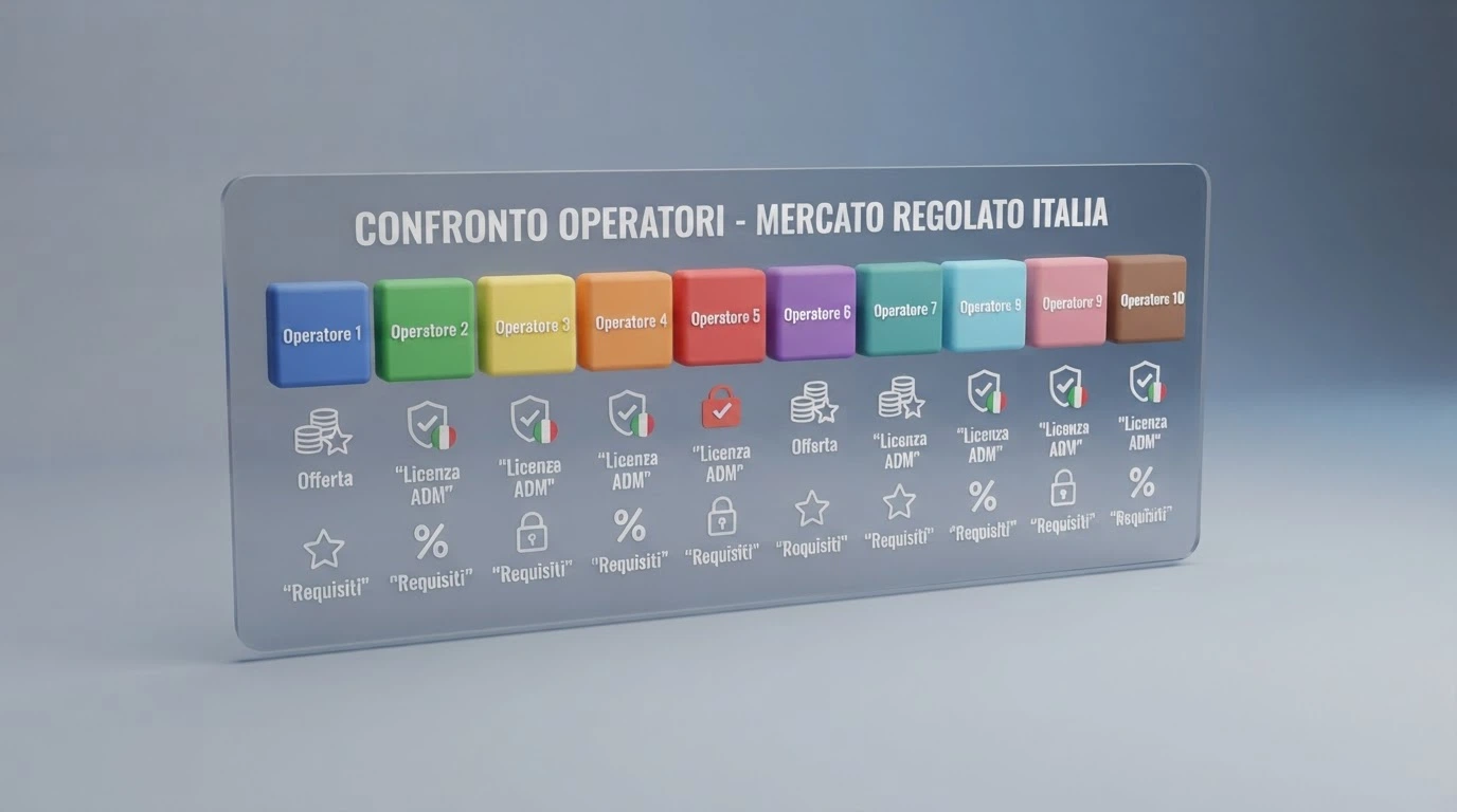 Una tabella comparativa stilizzata con dieci loghi di casinò online allineati, icone di bonus, licenza e wagering disposte per colonna