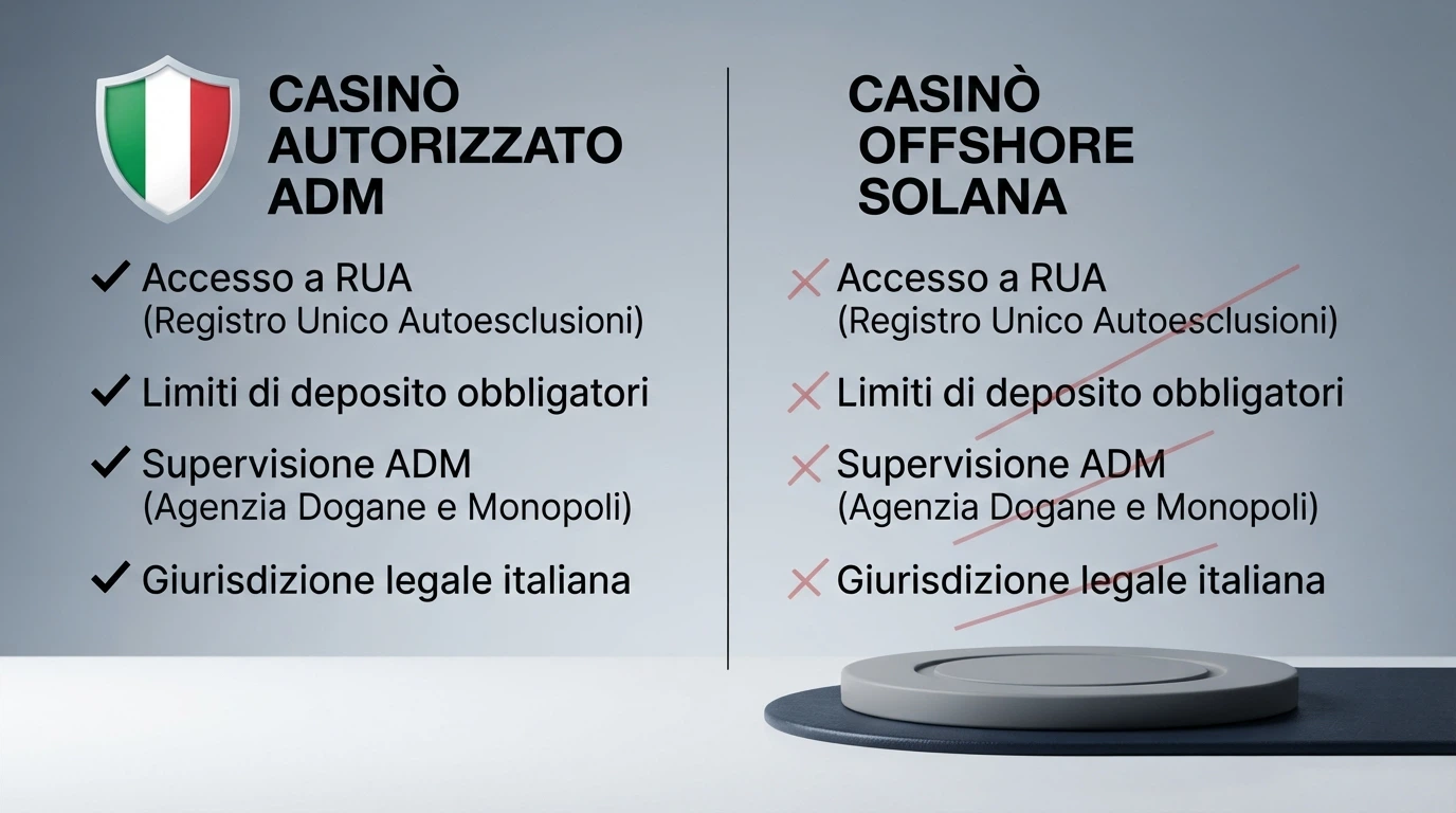 Infografica a due colonne: le tutele di un concessionario ADM a sinistra, quelle di un casinò Solana offshore a destra.