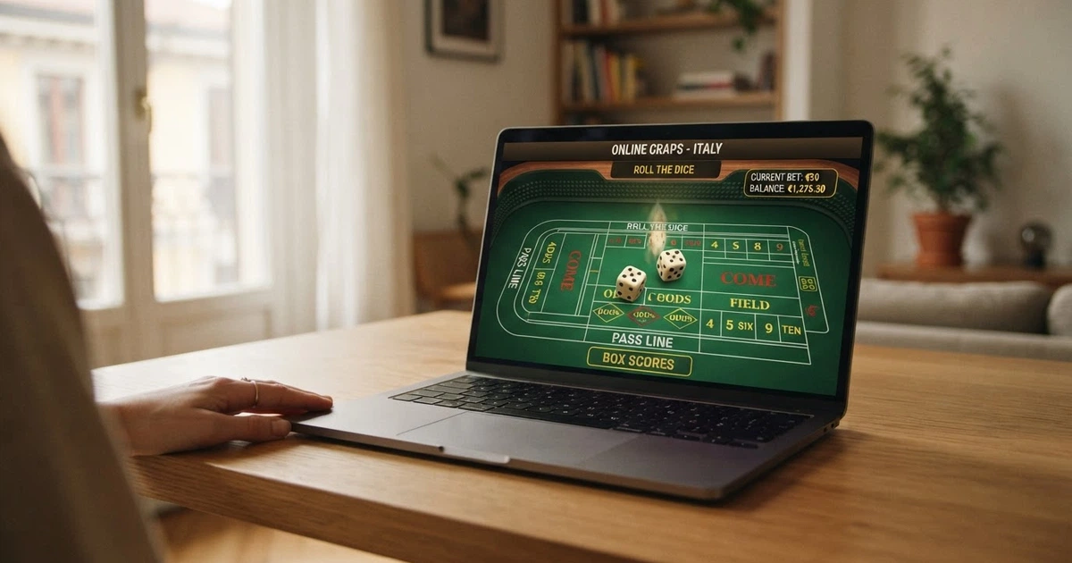 Un tavolo da craps virtuale con dadi in primo piano e interfaccia di gioco online