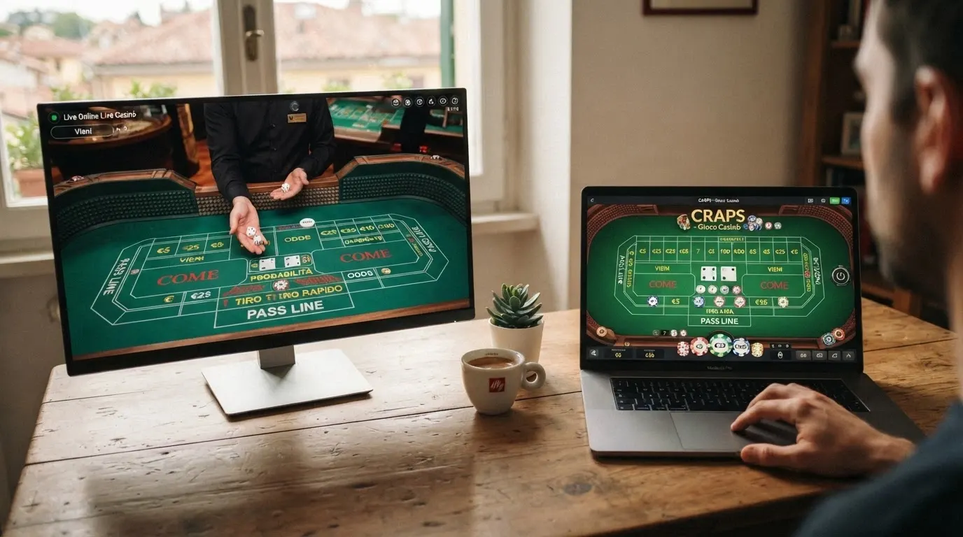 Due schermate affiancate: un tavolo da craps live con croupier in diretta e l'interfaccia di First Person Craps RNG