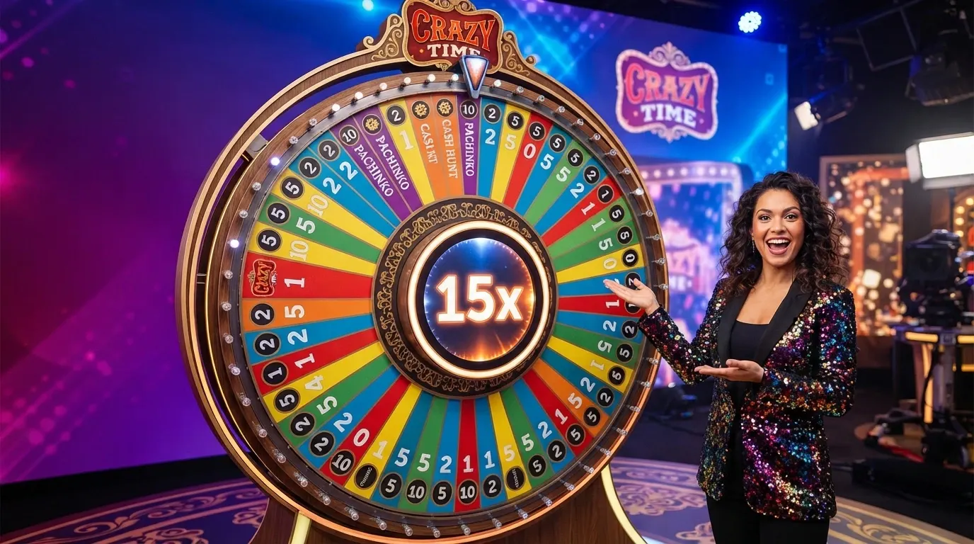 La ruota verticale di Crazy Time in uno studio Evolution, con il conduttore accanto ai segmenti colorati e il display dei moltiplicatori