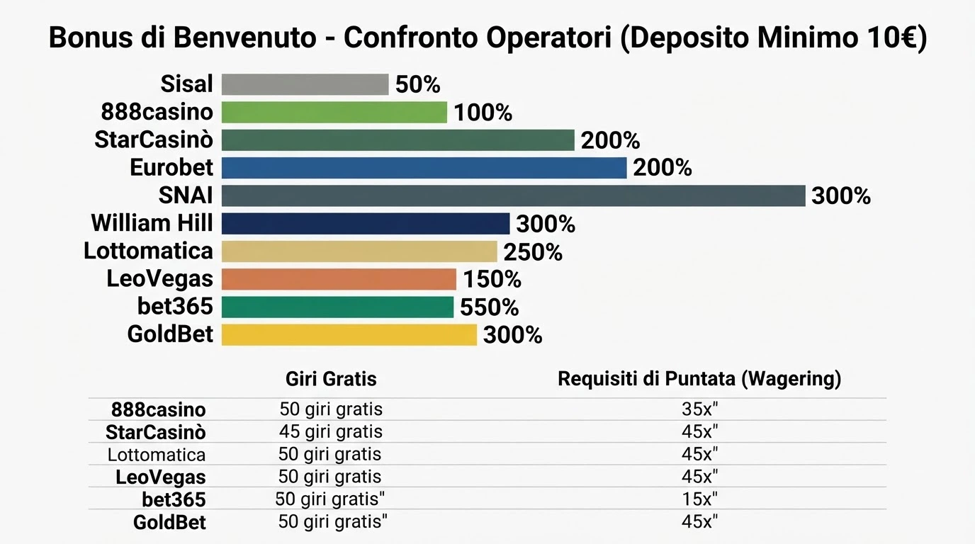 Una tabella comparativa semplificata con le prime righe del confronto operatori: nome del casino, percentuale bonus, free spins e requisito di puntata in evidenza, con l'annotazione dei criteri di selezione a lato.