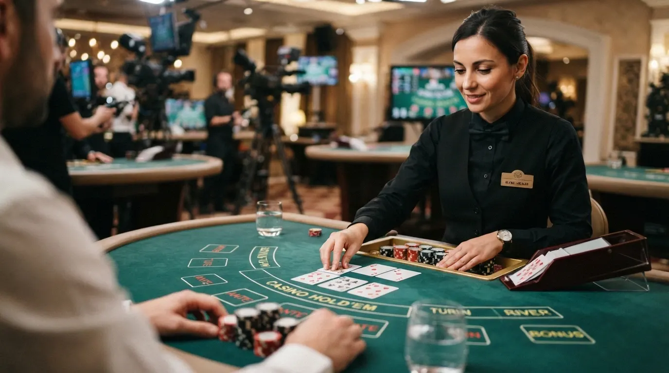 Un croupier in carne e ossa distribuisce carte a un tavolo di Casino Hold'em, inquadrato da telecamere HD in una sala live