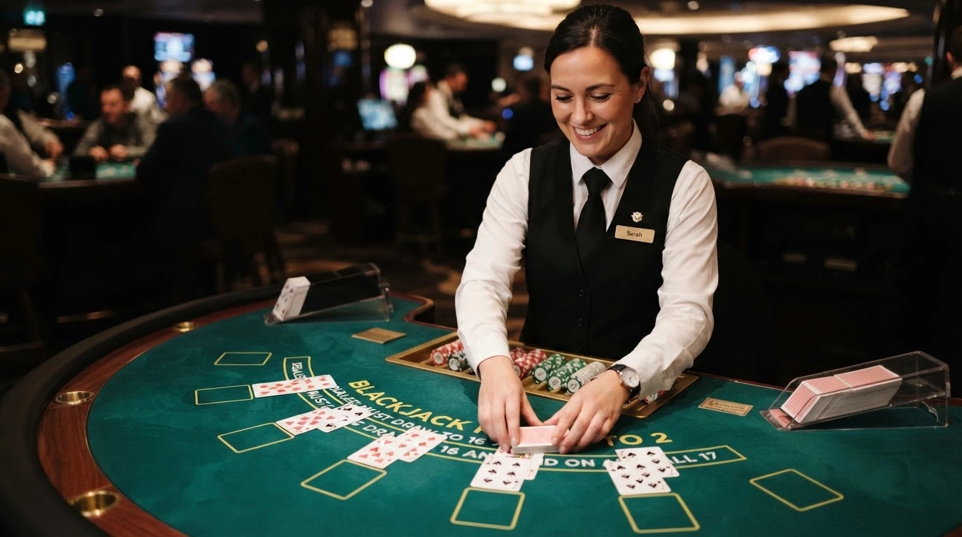 Un croupier in abito formale sorride dietro un tavolo da blackjack dal vivo, con l'interfaccia digitale delle puntate visibile in sovrimpressione