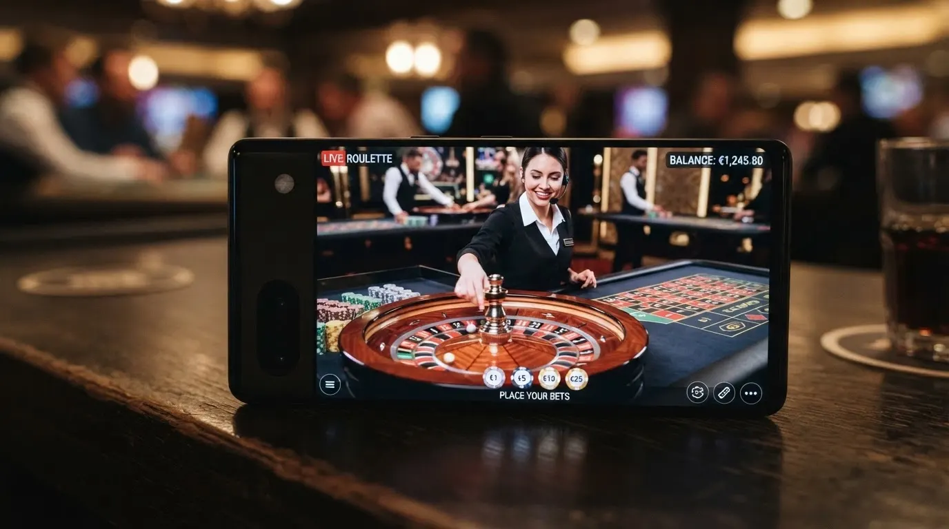 Tavolo di roulette dal vivo con croupier inquadrato su schermo verticale di uno smartphone, con chip e puntate visibili sull'interfaccia touch