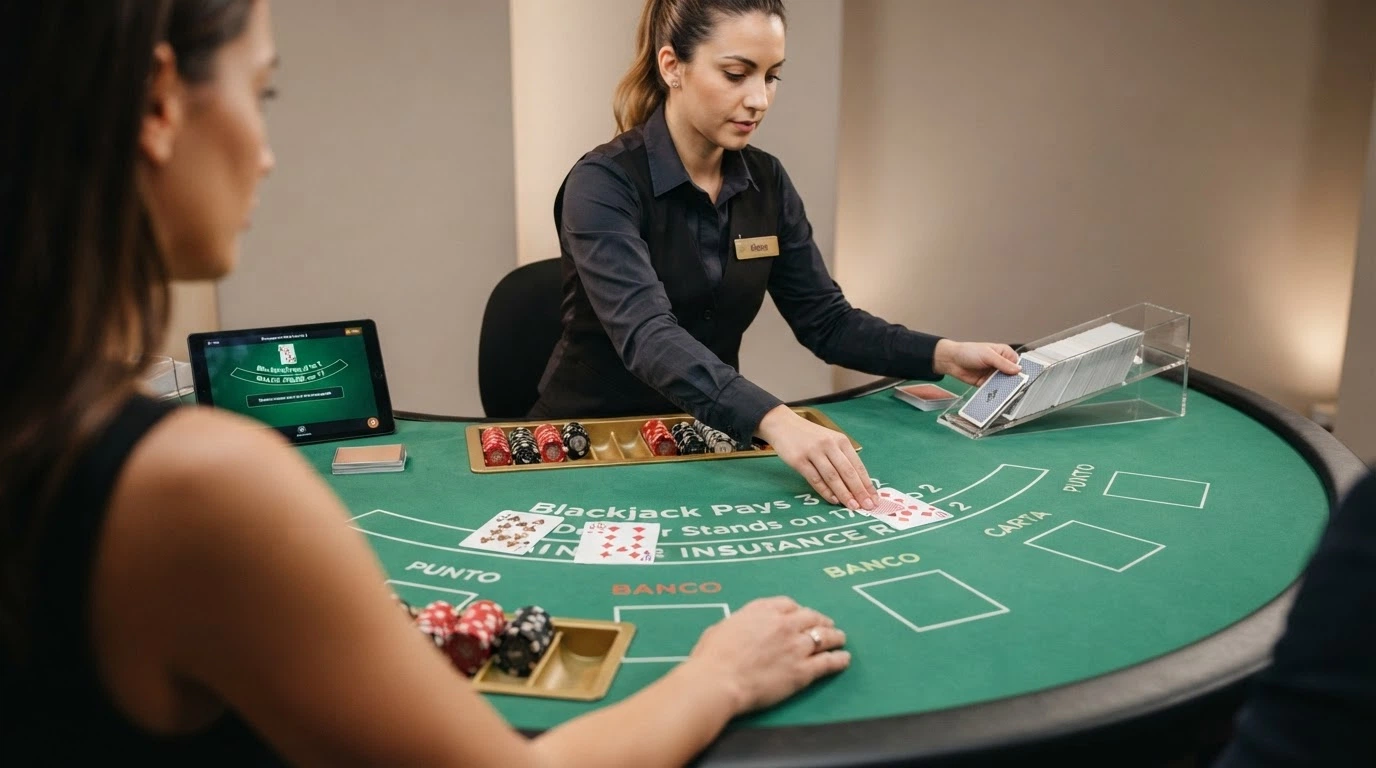 Un primo piano di un croupier a un tavolo da blackjack live Microgaming, con le carte disposte sul tavolo verde e l'interfaccia di puntata visibile in italiano