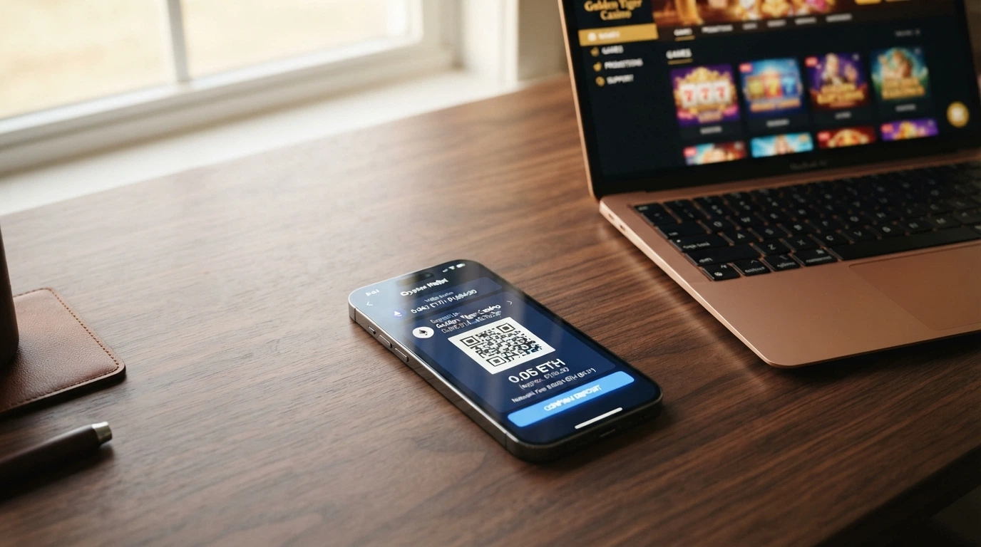 Un'interfaccia di wallet crypto su smartphone mostra un indirizzo CashAddr accanto allo schermo di un casinò online con la schermata di deposito in BCH
