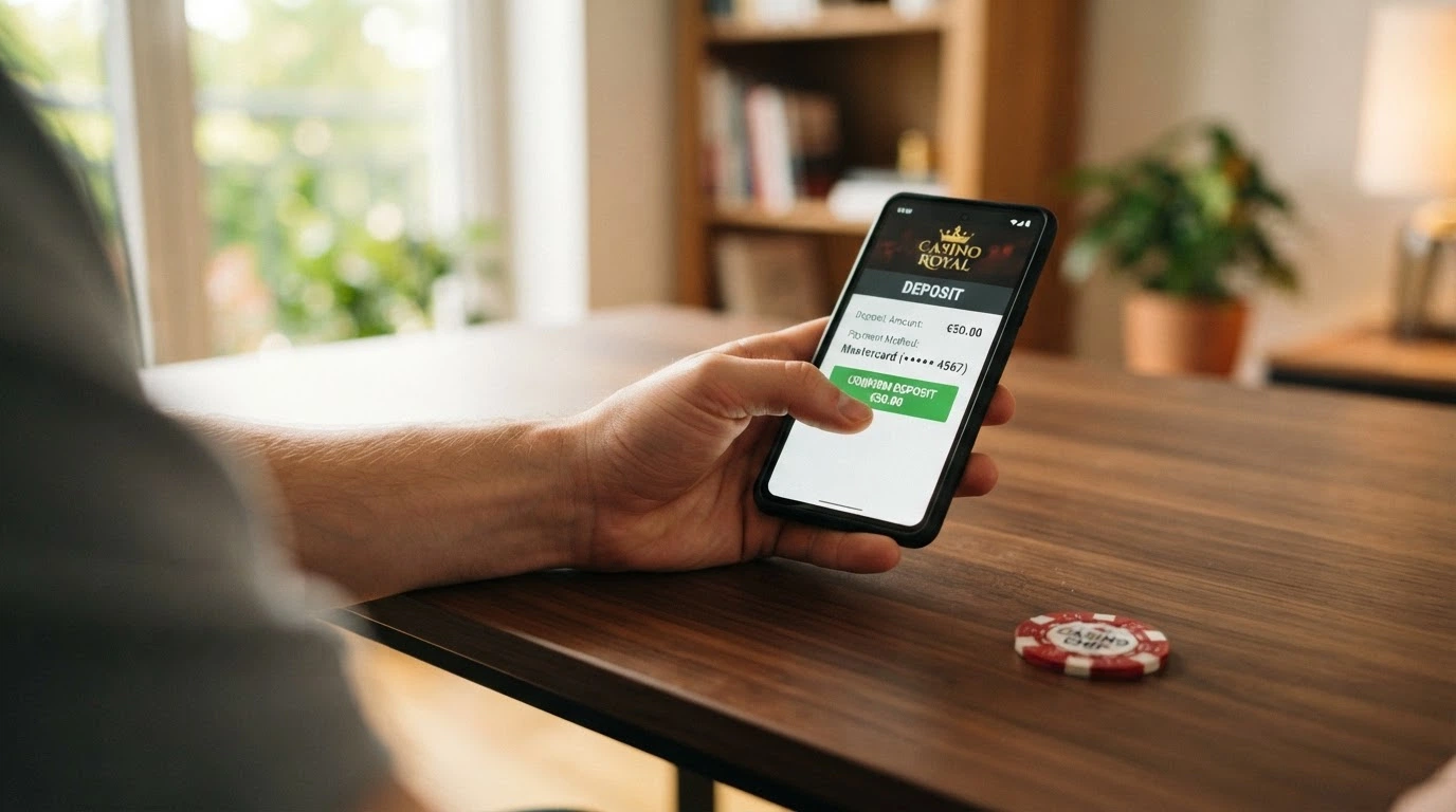 Una mano che digita su un computer portatile con una carta Mastercard posata accanto alla tastiera e l'interfaccia di deposito di un casinò sullo schermo