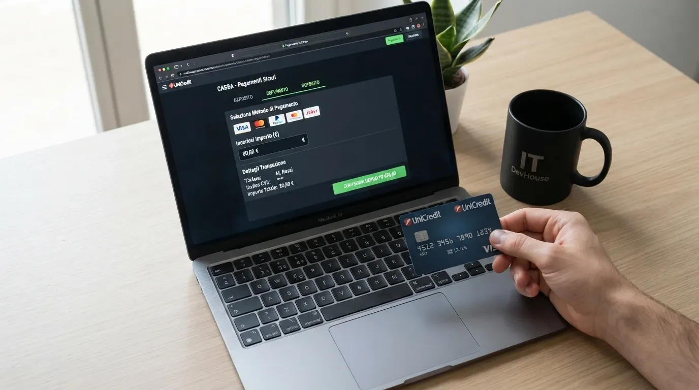 La schermata del cassiere di un casinò online con il form della carta di credito/debito compilato e il logo Visa/Mastercard in evidenza, accanto alla carta Revolut fisica