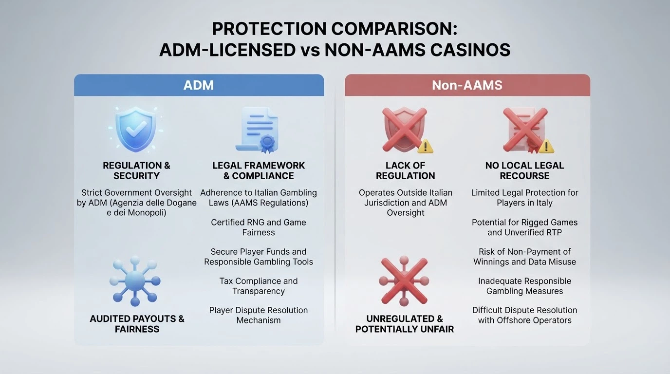 Un'infografica a due colonne che mette a confronto le tutele di un casinò con concessione ADM (RUA, limiti obbligatori, sede legale italiana) e l'assenza di queste protezioni in un casinò senza concessione