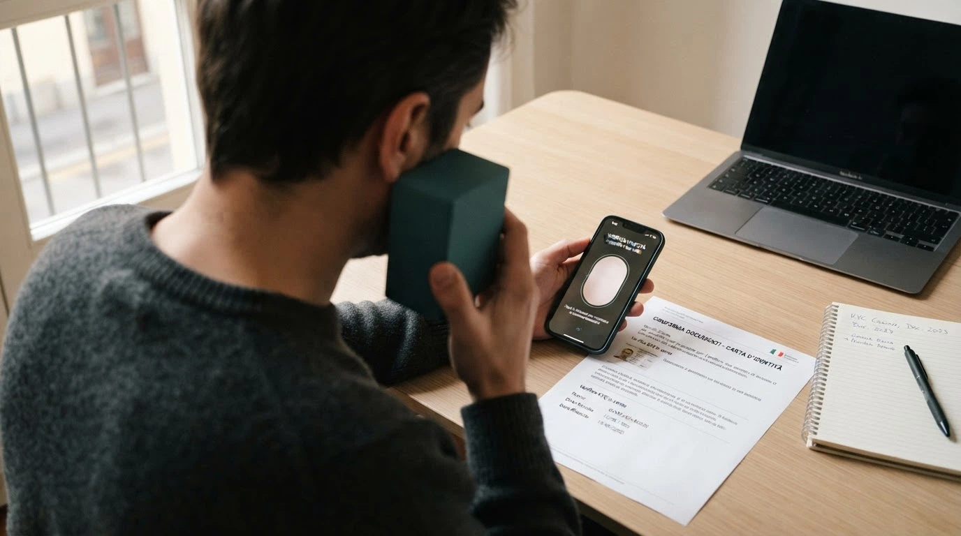 Un documento d'identità italiano, una bolletta recente e il simbolo di un lucchetto su uno schermo, a rappresentare la procedura di verifica KYC