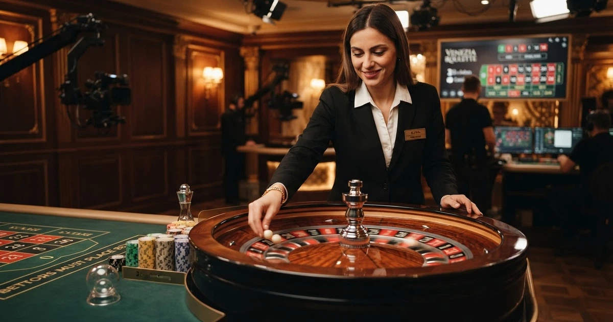 Croupier dal vivo a un tavolo da gioco di Evolution Gaming in uno studio professionale con illuminazione cinematografica e telecamere HD